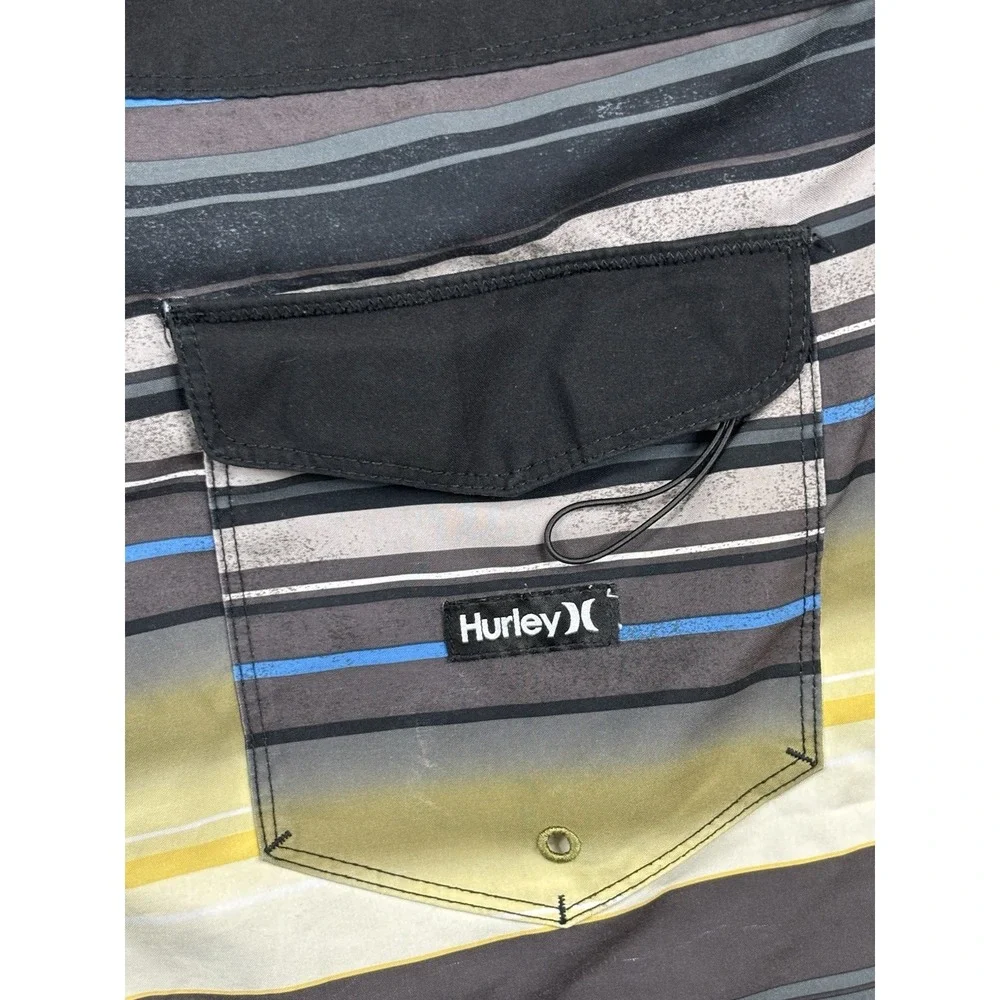 Hurley Mens Yellow/Brown/Gray/Blue Striped Swim Drawstring Trunks Active Size 36
